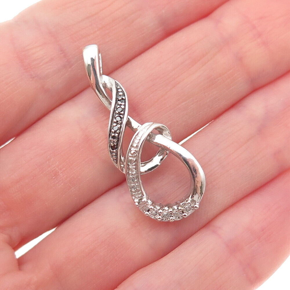 925 Sterling Silver Real Black & White Diamond Twisted Charm Pendant